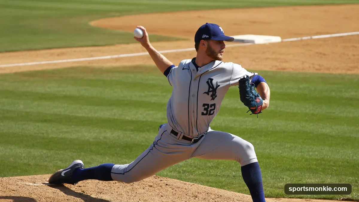 Close-up of a pitcher's hand gripping a baseball across the four-seam horseshoe seams before release