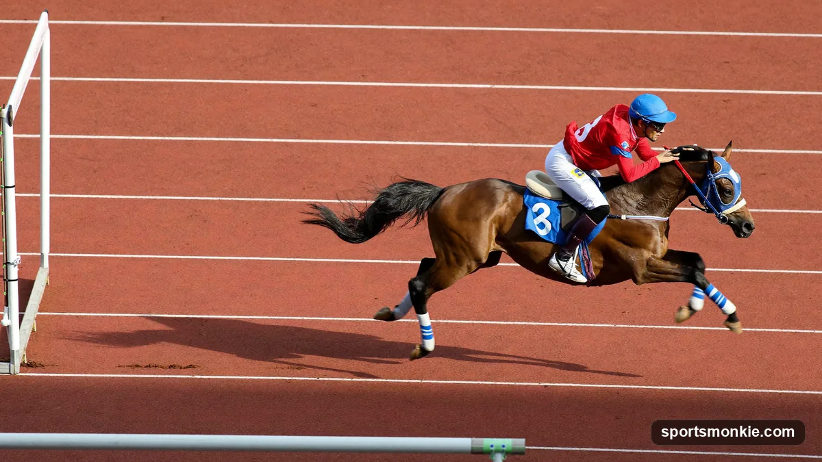 A sprinter clearing a hurdle with textbook lead-leg technique on an outdoor track