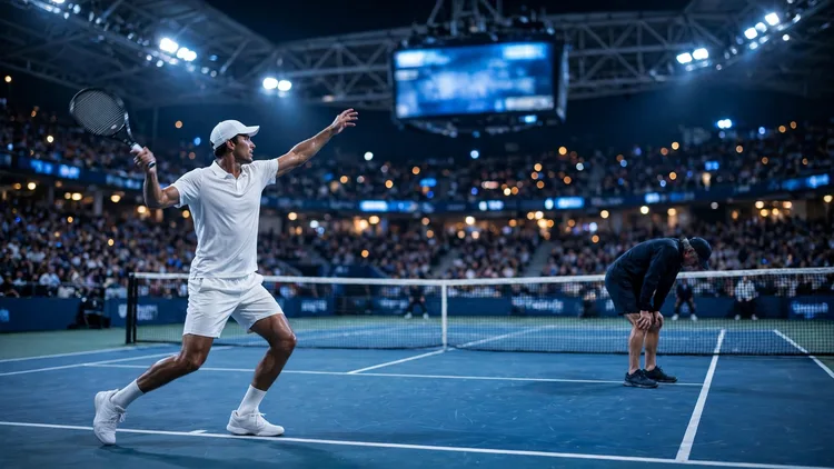 A generic big-serving tennis player in white following through on a serve at night while an exhausted veteran in dark kit bends over with his hands on his knees across the net, editorial graphic