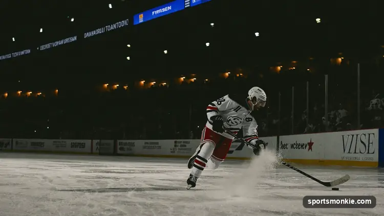 Linesman signals icing as a hockey puck slides untouched across the goal line