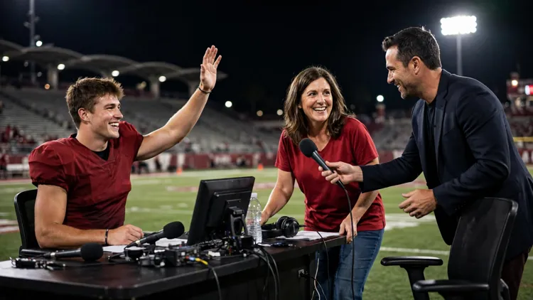A generic young quarterback in a plain red unbranded uniform at an outdoor postgame TV desk on a floodlit field, waving his mother up to join him as a panellist hands her a microphone, editorial graphic