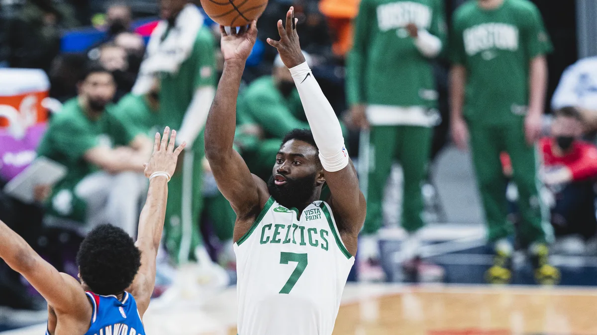 File photo from 23 January 2022: Jaylen Brown shooting for the Boston Celtics against the Washington Wizards. It was not taken at the Pacers game and does not show the denial.