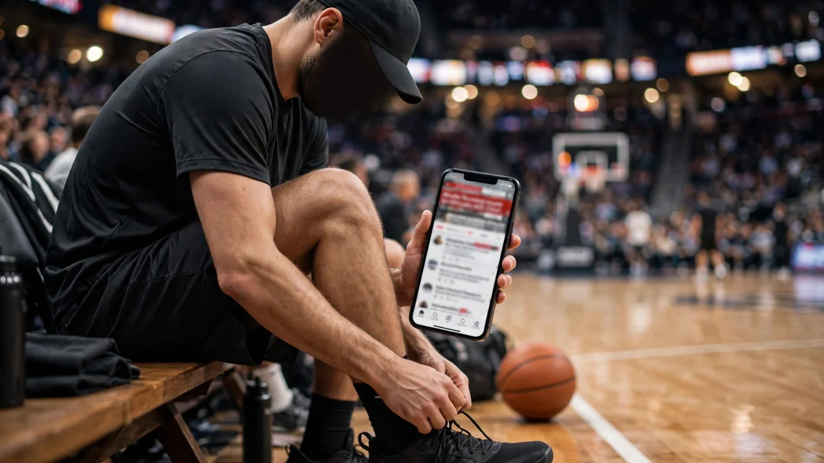 A generic basketball player in a plain dark unbranded kit sitting on an arena bench reading a phone with a blurred alarming social-media post while tying his sneaker to re-enter the game, editorial graphic