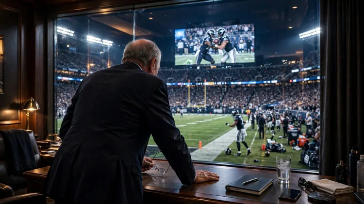A generic football team owner in a dark suit seen from behind in a stadium suite, glasses in one hand and the other pressed flat on the desk in frustration as he watches the field and a giant video board below, editorial graphic