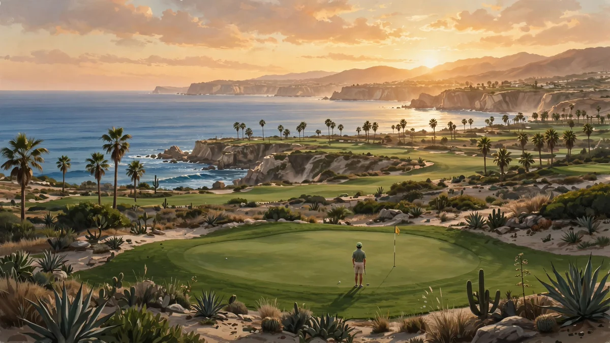 AI-generated illustration of an anonymous young golfer seen from behind on a coastal Mexican golf course green at sunset. It is not John Daly II, not Vidanta Vallarta, and not a photograph of the tournament.