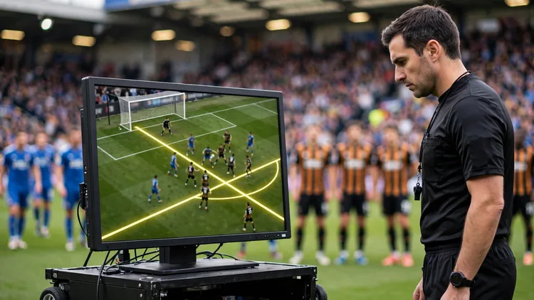 A generic football referee studying a pitchside VAR monitor showing a goalmouth scramble with glowing offside lines, players in blue and in black-and-amber waiting behind him, editorial graphic