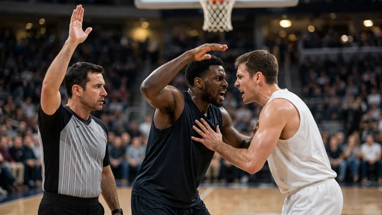 Two generic basketball centres in plain jerseys facing off under the basket as a referee signals a technical foul in the foreground, editorial graphic