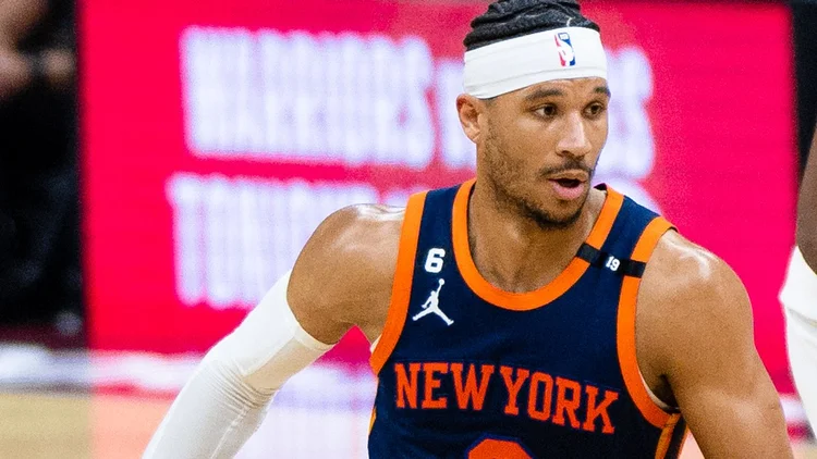 File photo from 26 April 2023: Josh Hart in a New York Knicks jersey. It was not taken at the Pistons game and does not show the square-up to Jarrett Jack.