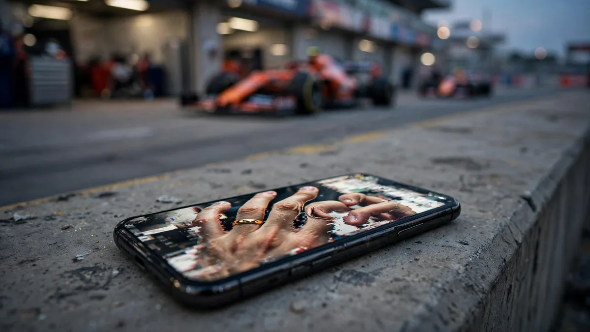 A smartphone on a Formula 1 pit wall at dusk showing a glitchy, distorted social-media photo of a hand with a wedding ring and visible AI-generation artefacts, with a blurred grand prix garage behind, editorial graphic