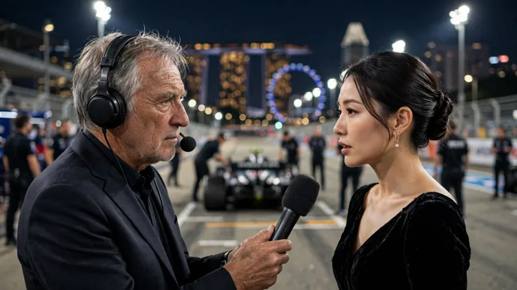 A generic television broadcaster with a microphone interviewing a generic glamorous woman in a dark outfit on a floodlit Formula 1 grid at night, a blurred grand prix car behind them, editorial graphic
