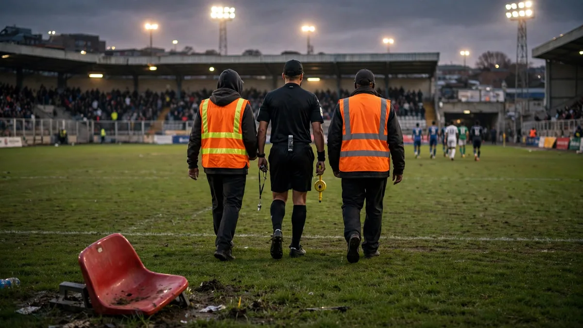 A generic football referee in a plain black uniform being escorted off a floodlit stadium pitch by stewards in orange vests, a plastic seat lying on the grass in the foreground and players walking away in the distance, editorial graphic