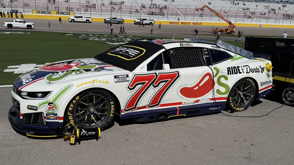 File photo from 15 March 2026: Carson Hocevar's car at the Pennzoil 400 in Las Vegas. It does not show Darlington, Kansas or Charlotte in the 2026 Chase.