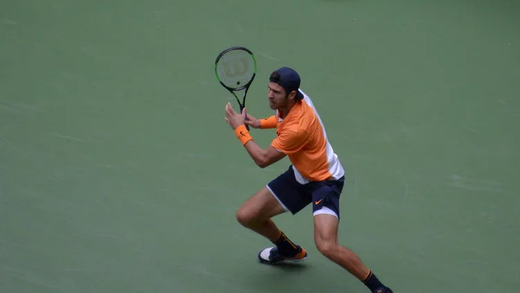 File photo from 31 August 2018: Karen Khachanov serving against Rafael Nadal in the third round of the US Open on Arthur Ashe Stadium. It is a file photo and does not show the Almaty Open or Vedran Martic.