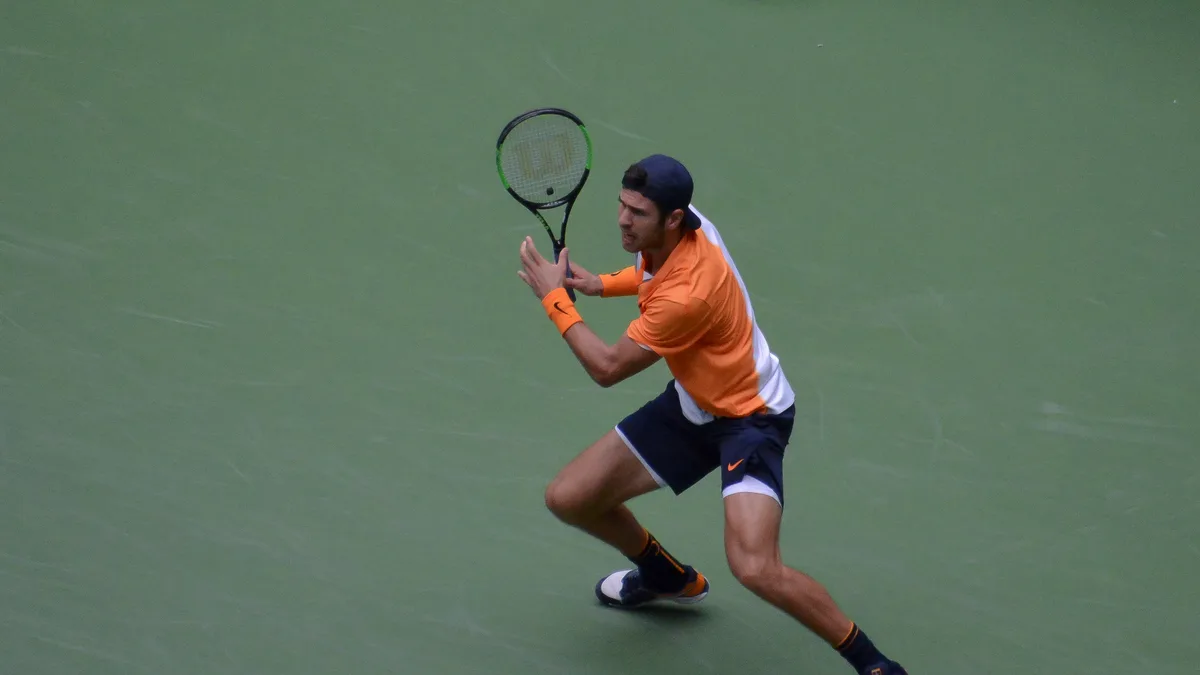 File photo from 31 August 2018: Karen Khachanov serving against Rafael Nadal in the third round of the US Open on Arthur Ashe Stadium. It is a file photo and does not show the Almaty Open or Vedran Martic.