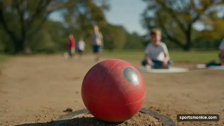 Kickball rules: a player kicking a large rubber ball and running the bases on a diamond