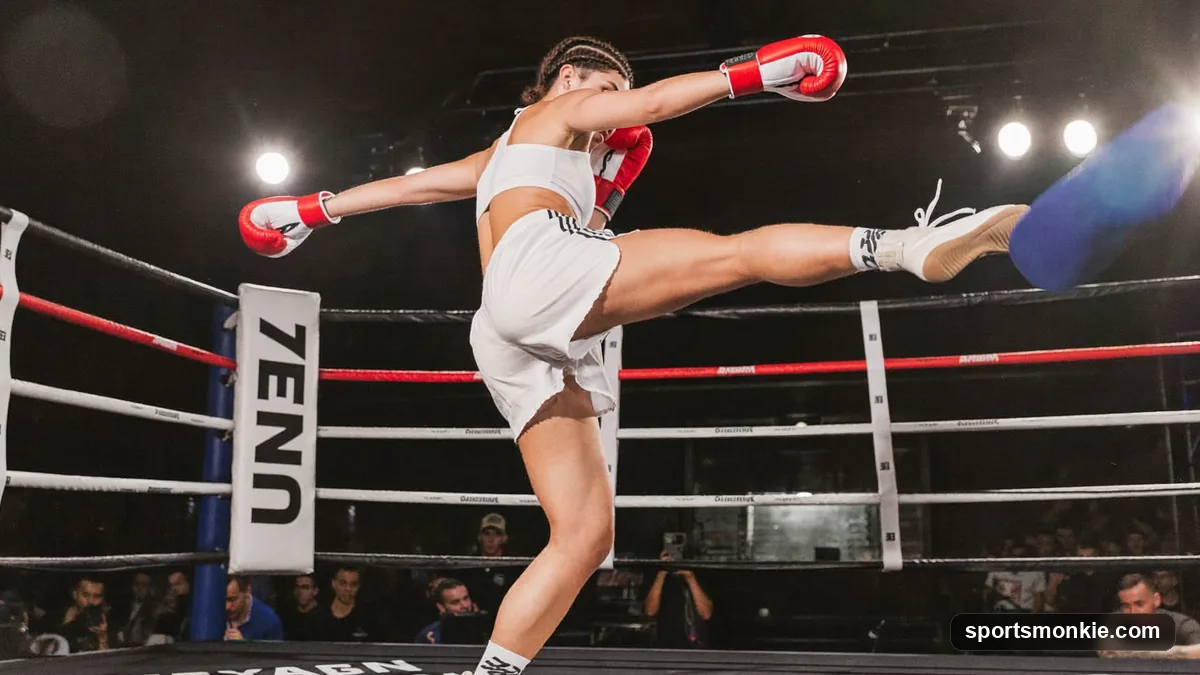 A kickboxer throwing a high kick in the ring