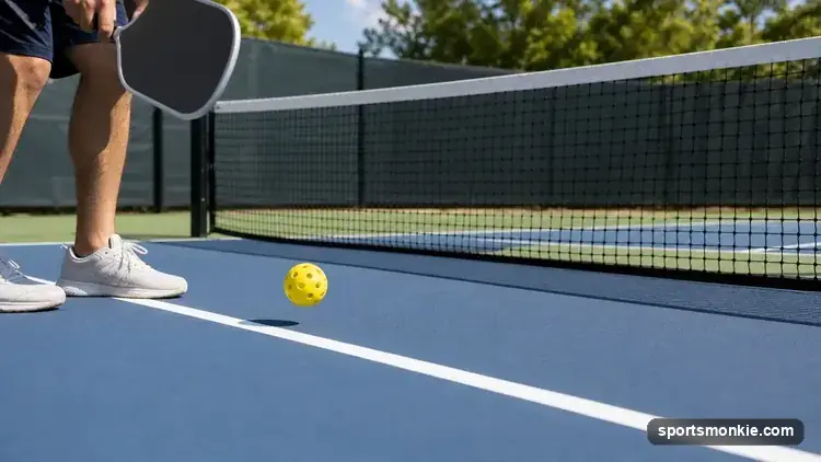 A close-up of a pickleball court showing the non-volley zone (the kitchen) near the net