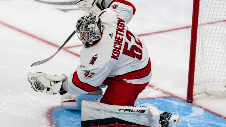 File photo from 19 October 2023: Pyotr Kochetkov in goal for Carolina at Seattle. It was not taken in Raleigh and does not show the Columbus game.