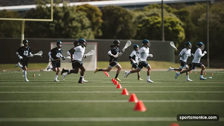 Lacrosse players sprinting through a line of cones during a preseason conditioning session on a turf field