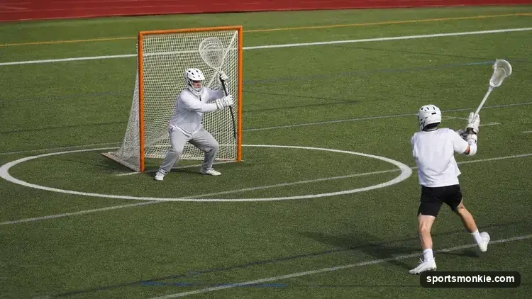 A lacrosse goalie defending the crease near the goal