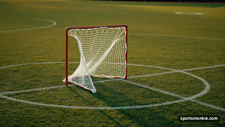An empty orange lacrosse goal with its pyramid net on a marked field at golden hour, painted crease circling the frame