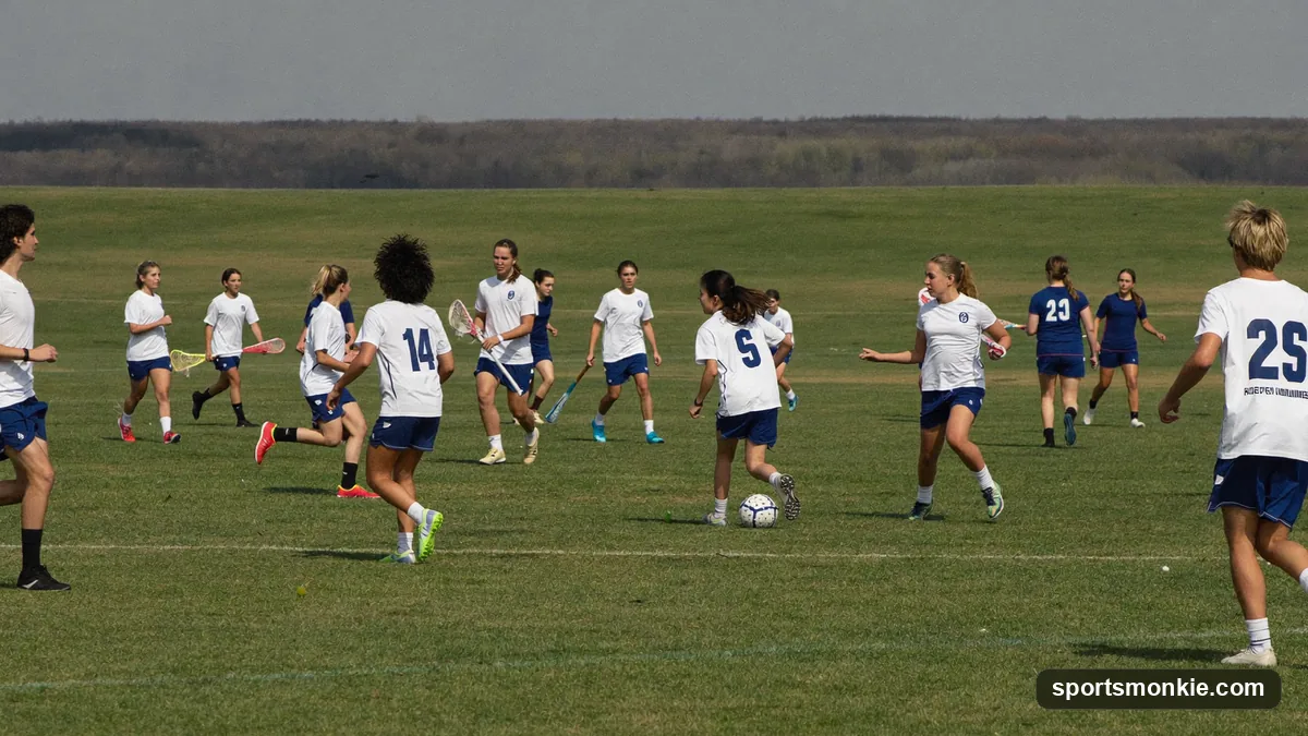 A youth lacrosse game on a well-kept field in a lacrosse hotbed region