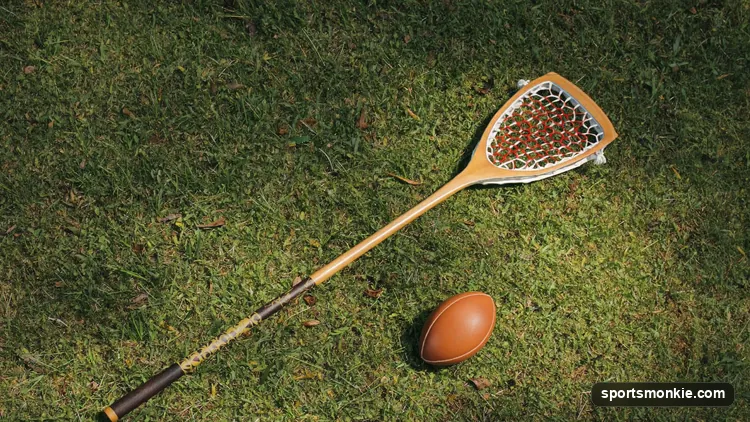 A traditional wooden lacrosse stick resting on grass, symbolizing the medicine game