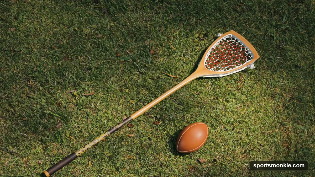A traditional wooden lacrosse stick resting on grass, symbolizing the medicine game