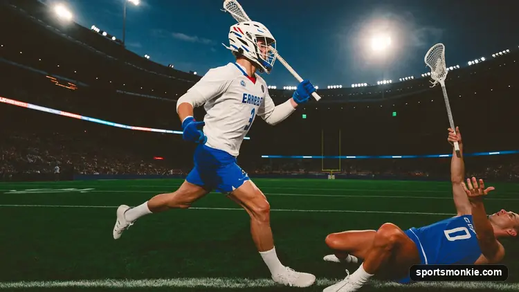 Lacrosse players celebrating a sudden-victory overtime goal on the field