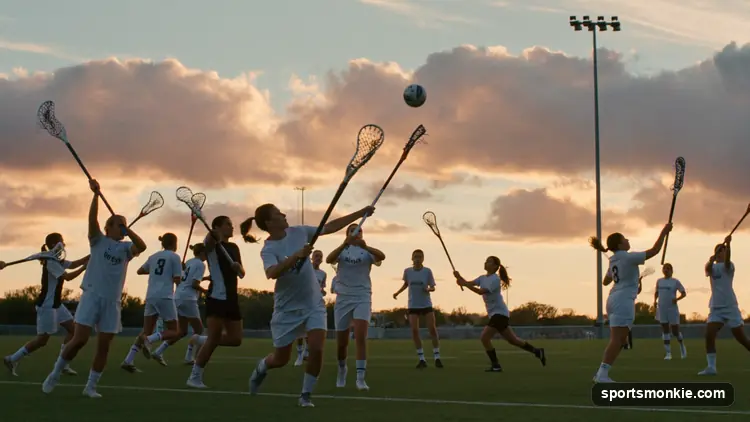 Lacrosse players competing for a ground ball with netted sticks on a green field
