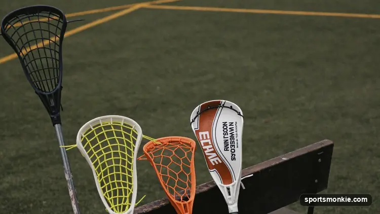 A short attack lacrosse stick and a long defensive pole laid side by side for length comparison