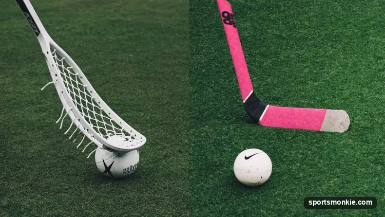 Side-by-side comparison of a lacrosse stick and a field hockey stick with their balls