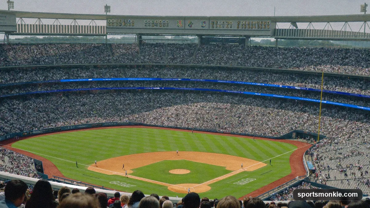 A large MLB stadium packed with fans seen from the upper deck