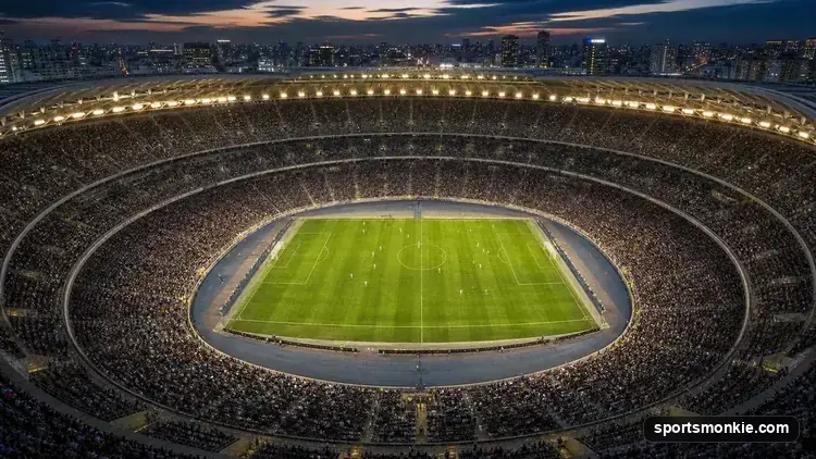 An aerial view of a packed, massive sports stadium at night