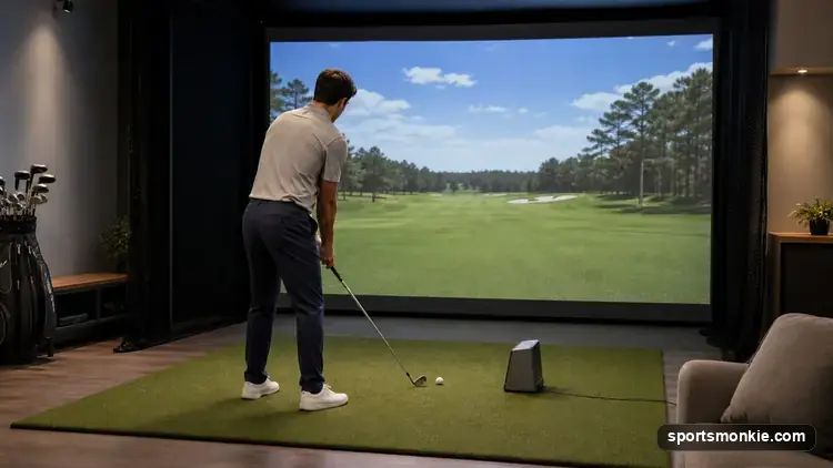Golfer hitting into a home golf simulator screen with a launch monitor positioned beside the ball