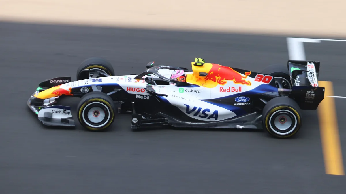 File photo from 13 March 2026: Liam Lawson driving the Racing Bulls car during practice for the Chinese Grand Prix. It does not show the Austin performance.