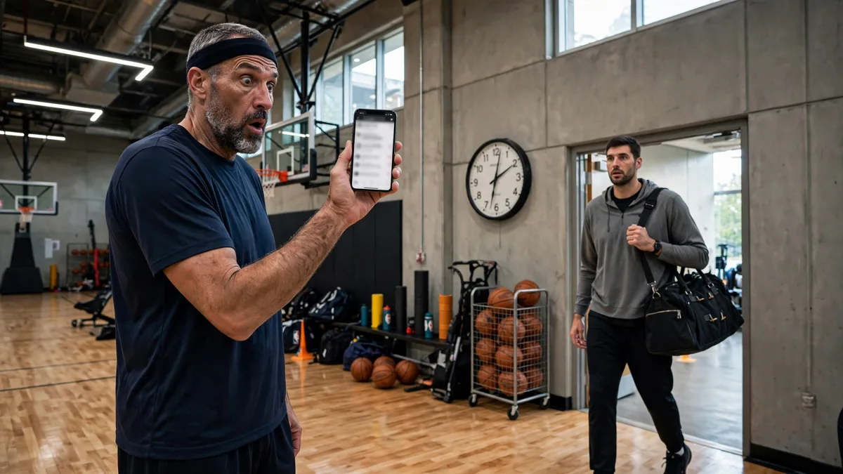 A generic veteran basketball player in a practice gym holding up a smartphone in disbelief while a tall teammate walks in on time with a gym bag under a large wall clock, editorial graphic