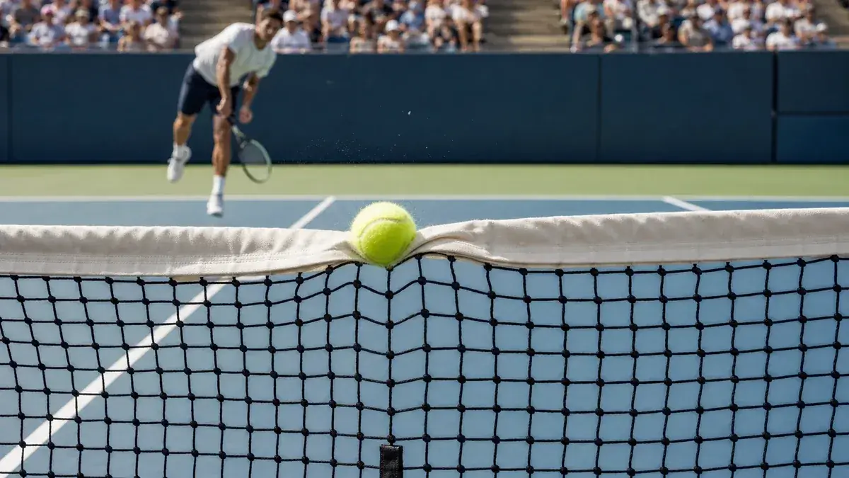 A tennis ball clipping the net cord during a serve, representing a let call