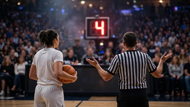 A generic women's basketball player holding the ball near midcourt looking toward the scorer's table while a referee gestures with open palms and a game clock shows four seconds, editorial graphic