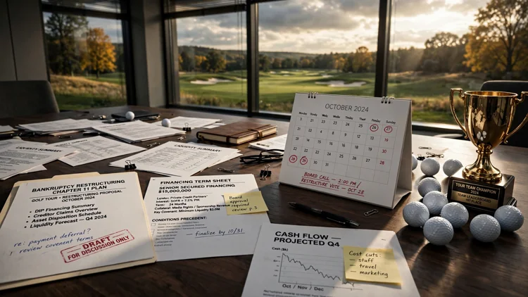 A boardroom table covered with restructuring documents and a calendar open to late October, golf balls and a team trophy at its edge and a golf course beyond the window, editorial graphic