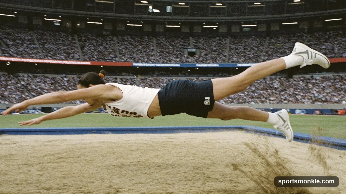 A track and field athlete in mid-air during a long jump, legs extended forward toward the sand pit