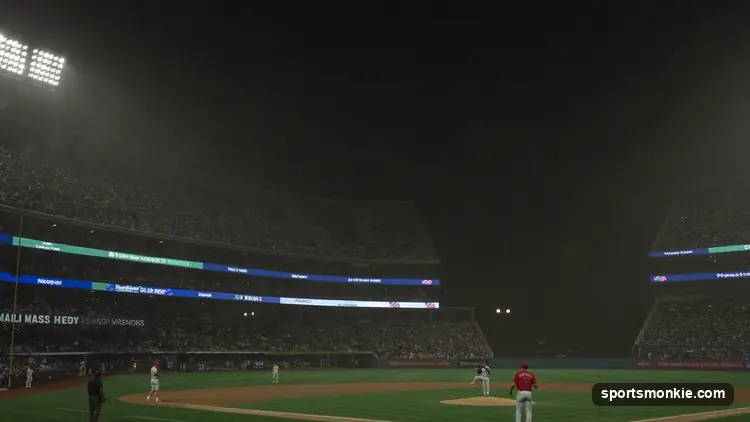 A floodlit baseball stadium at night with a scoreboard showing extra innings