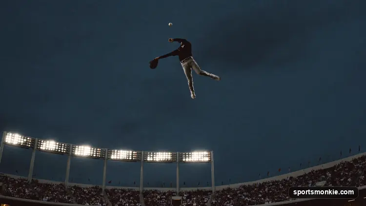 A baseball soaring high over the outfield wall of a stadium at dusk