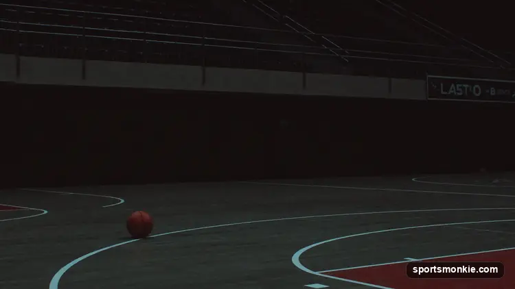 Empty basketball arena seats above a dimly lit court
