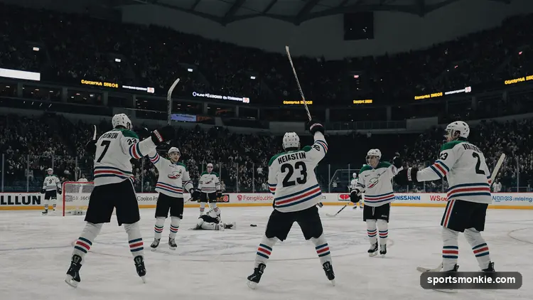 Ice hockey arena with players skating under bright lights