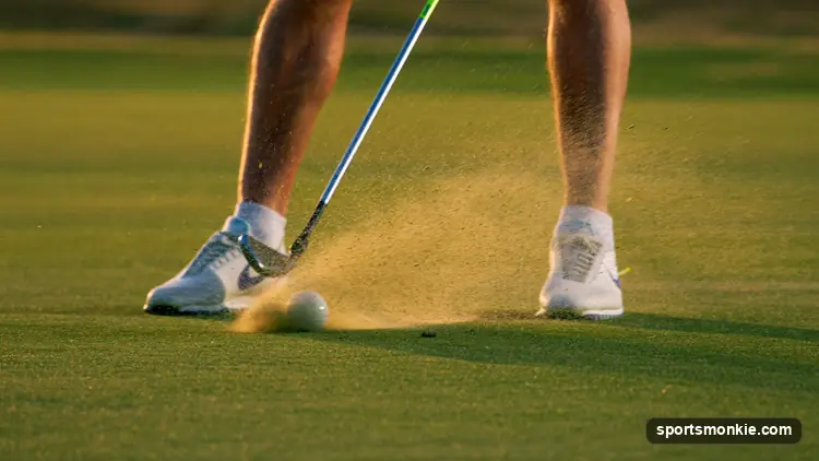 A golfer teeing up a soft golf ball on a sunlit fairway with a driver resting against the bag
