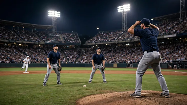 A generic pitcher on the mound with his hands on his cap in disbelief as a baseball drops untouched on the grass between two fielders and a runner advances behind them at a floodlit night game, editorial graphic