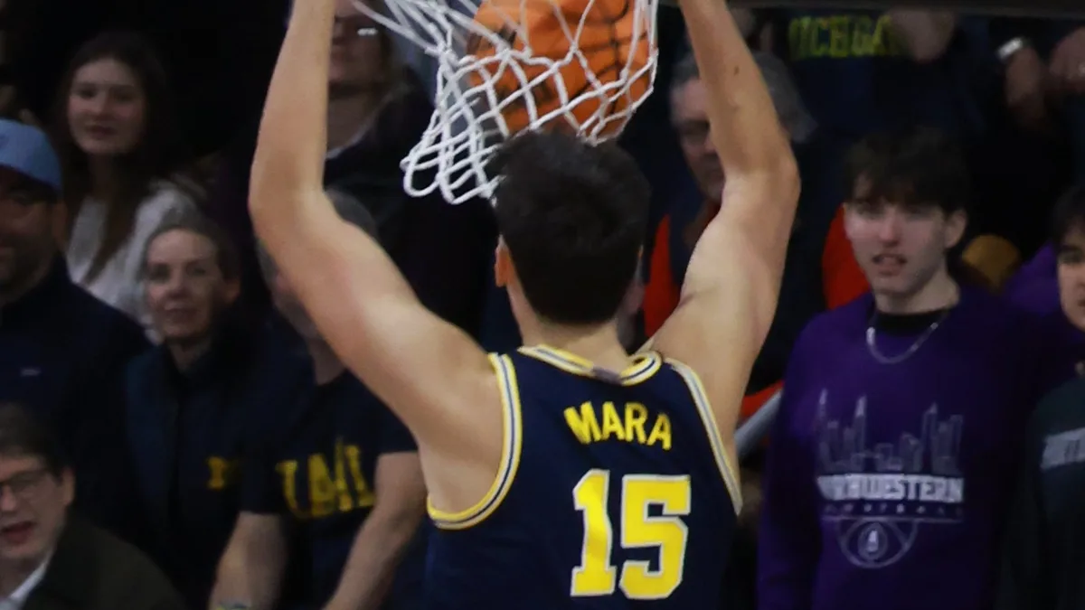 File photo from 11 February 2026: Aday Mara during his Michigan college season. It does not show the Oklahoma City Thunder or any NBA game.