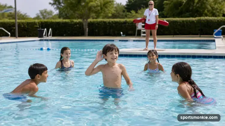 Kids playing Marco Polo in a swimming pool, one player with eyes closed reaching to tag others
