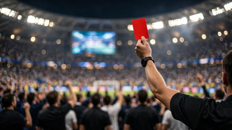 A referee's raised hand holding a red card in a packed floodlit stadium with a glowing video-review screen behind the crowd, editorial graphic